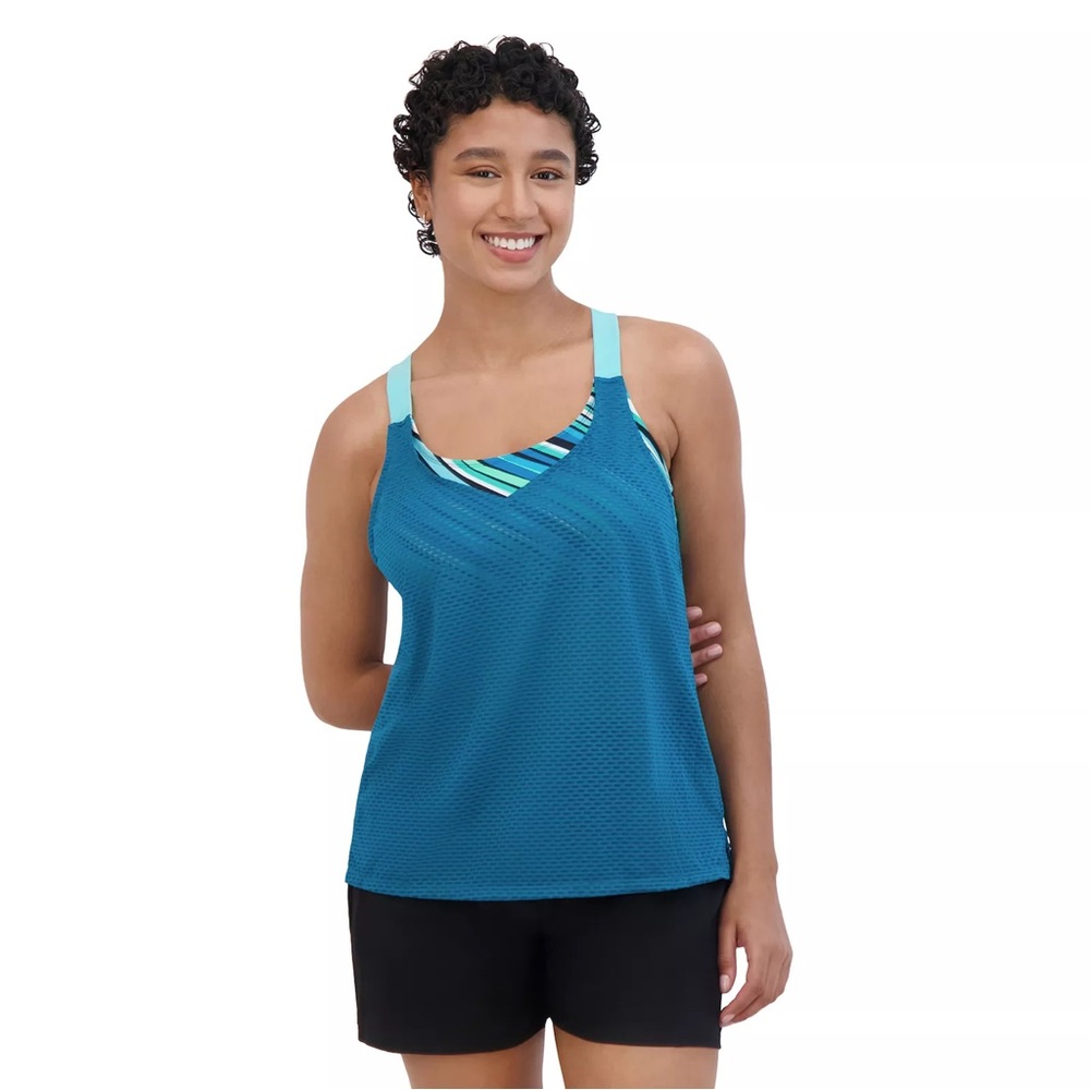 ZeroXposur Teal Blue Layered Tankini with Black Bottoms